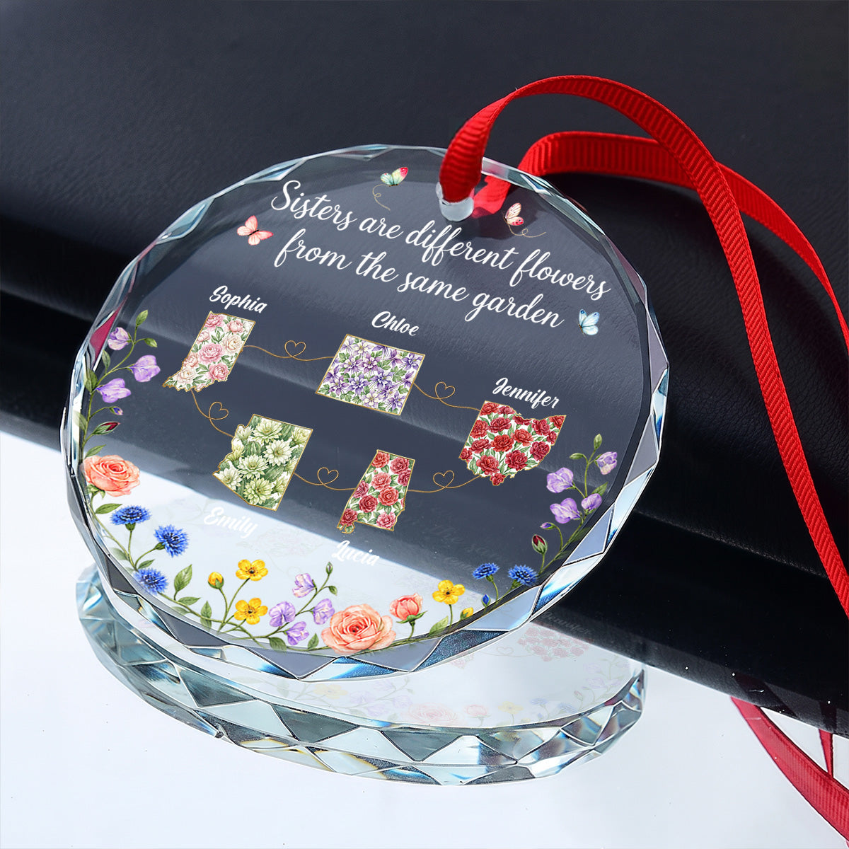 Sisters Are Different Flowers - Personalized Round Shaped Glass Ornament