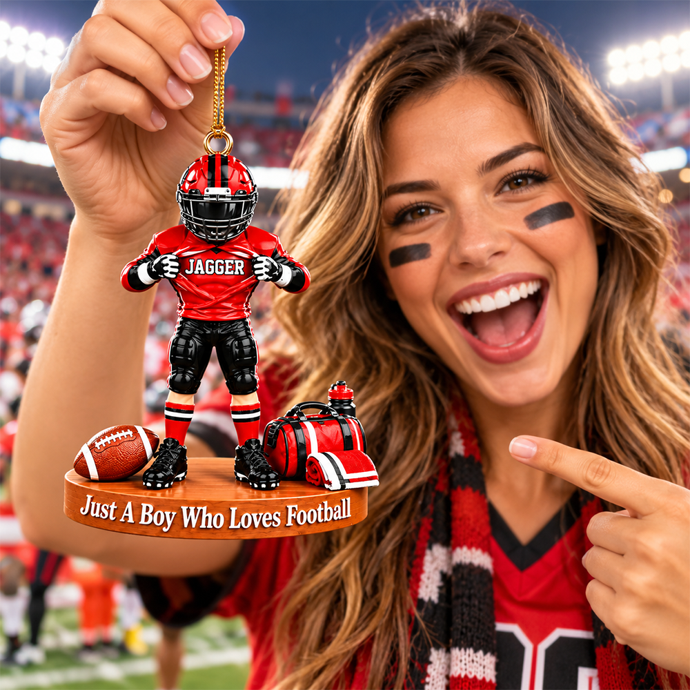 Personalized Football Player Christmas Ornament, Custom Name, Number & Uniform Colors, Just a Boy Who Loves Football Gift New