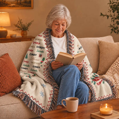 Christmas Gift For Grandma Mom - Personalized Family & Member Names Word Art Tree Star Wreath Woven Blanket