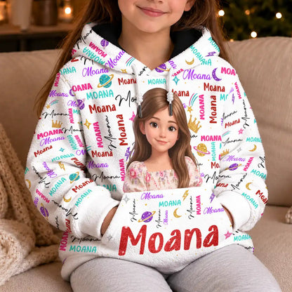 Christmas Gift For Kids - Personalized Custom Photo Name Cute Pattern Fleece Hoodie