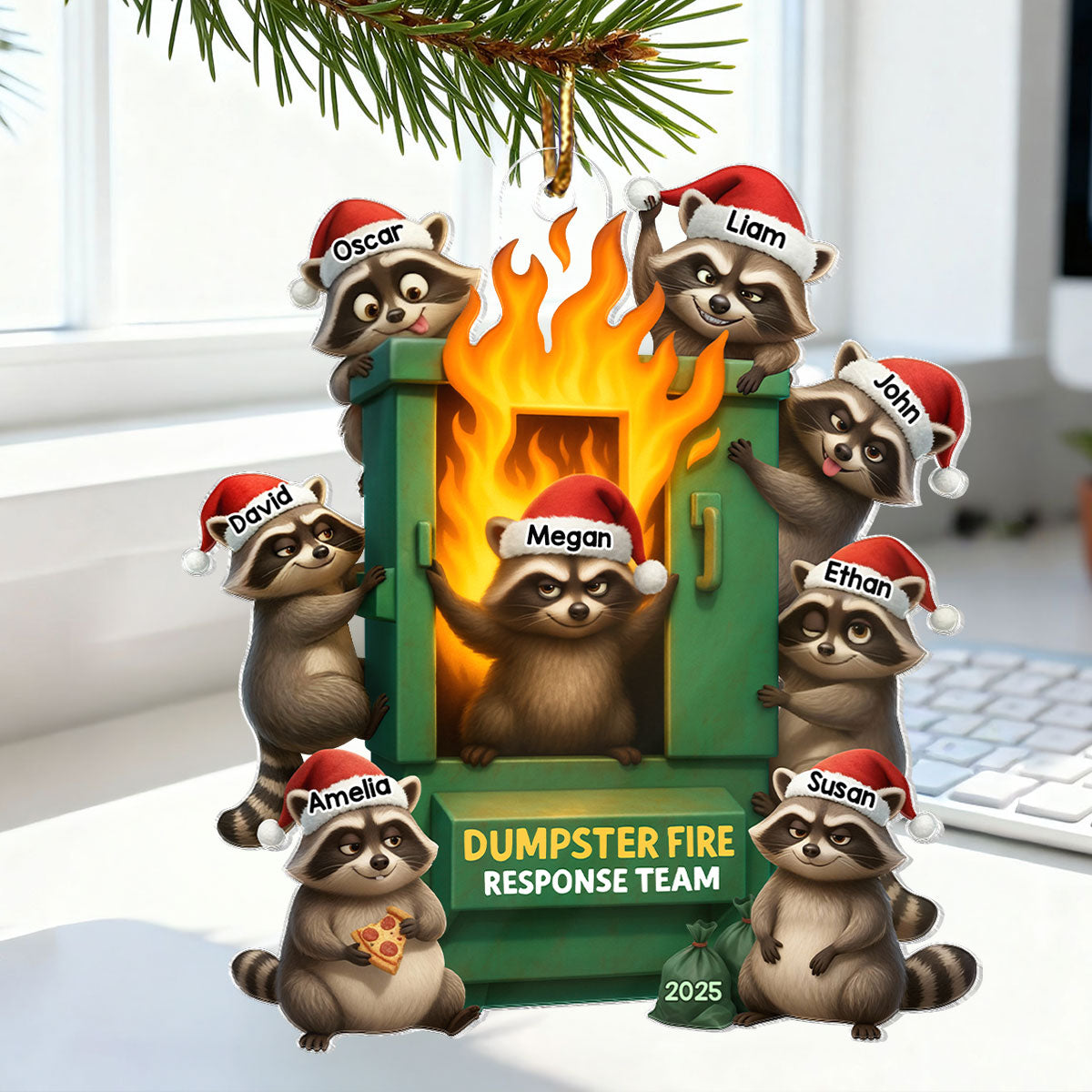 Cunning Raccoon Office Chaos Dumpster Fire Response Team - Personalized Acrylic Ornament - Funny Holiday Gift for Coworkers