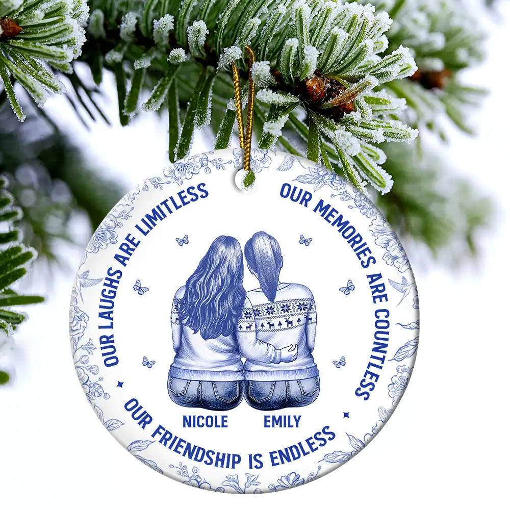 Besties Our Laughs Are Limitless Best Friends Toile - Personalized Circle Ceramic Ornament
