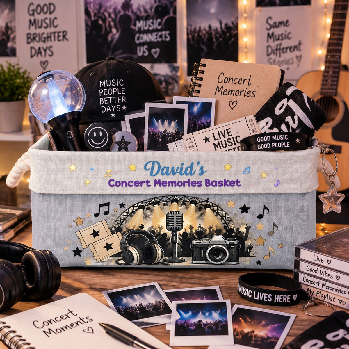 Concert Memories Basket For Daughter, Fan Girl, Music Lovers - Personalized Storage Basket