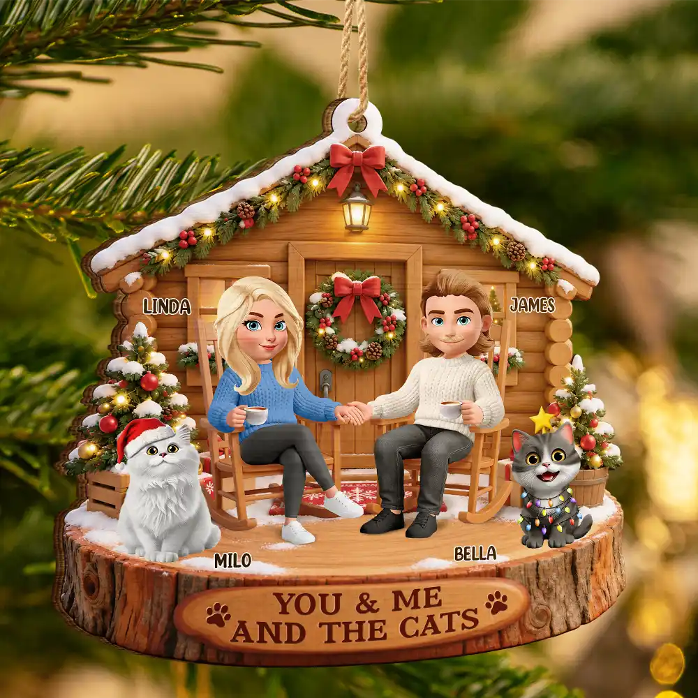 Christmas Gift For Pet Couples - Personalized You & Me And The Cat Wooden Ornament