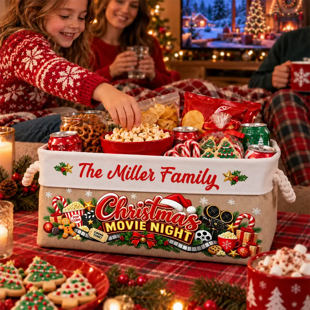 Gift For Holiday Gathering - Personalized Family Name Christmas Eve Movie Night Snack Storage Basket Storage Basket
