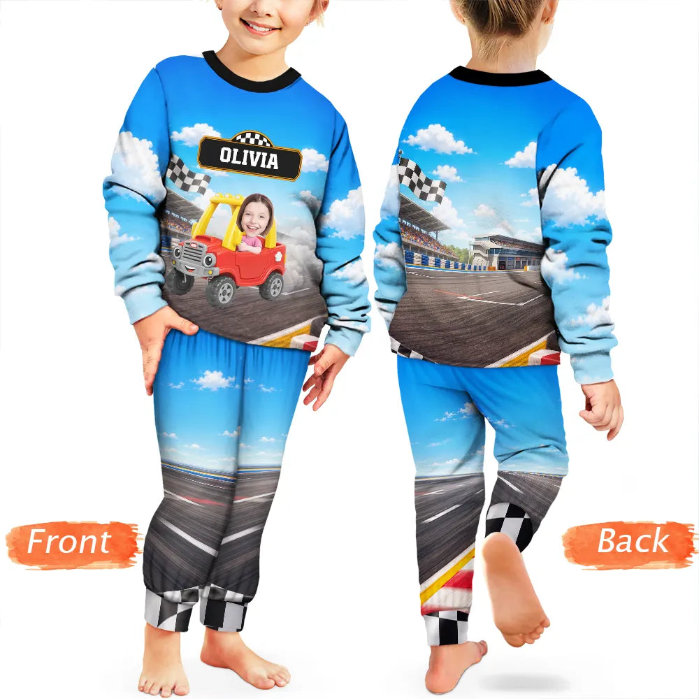 Gift For Kids Boys - Personalized Custom Photo Photo & Name Race Car Driver With Lightning Kid Pajamas Set