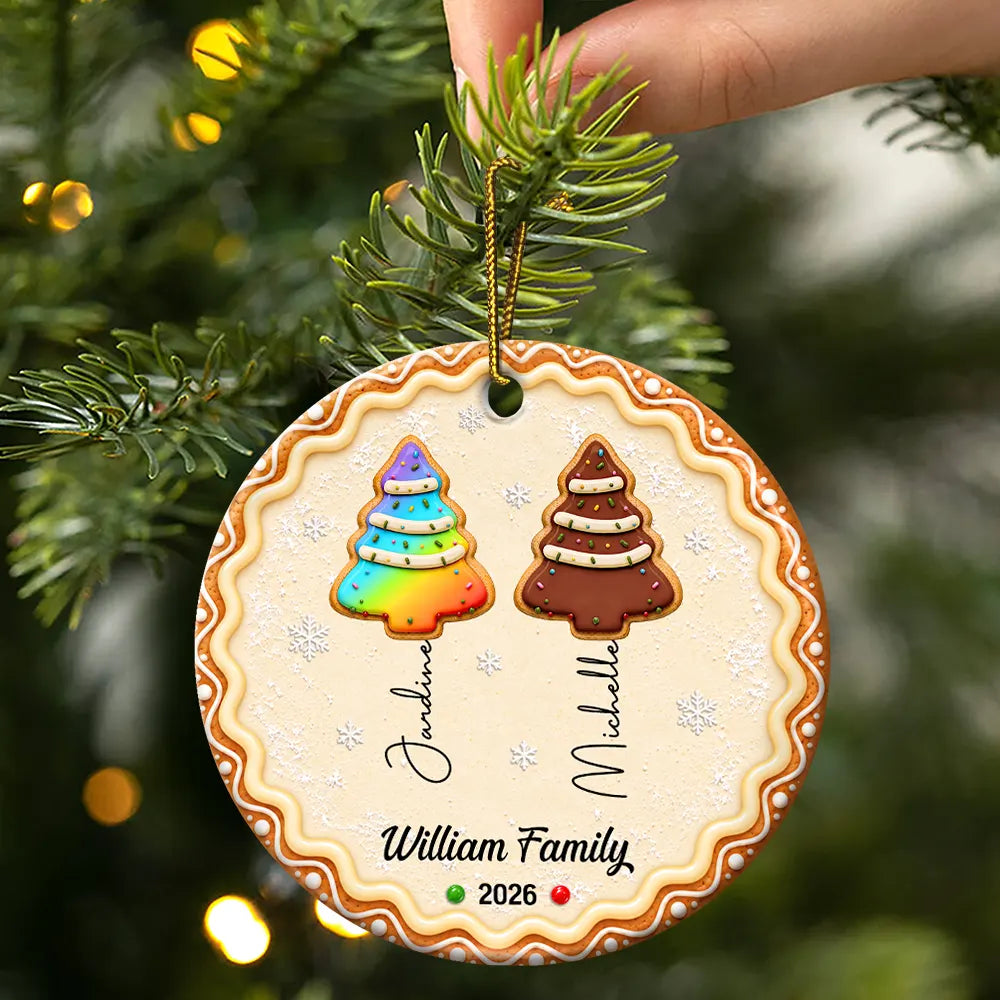 Christmas Gifts For Family - Personalized Family Forever Linked Together Gingerbread Style Circle Ceramic Ornament
