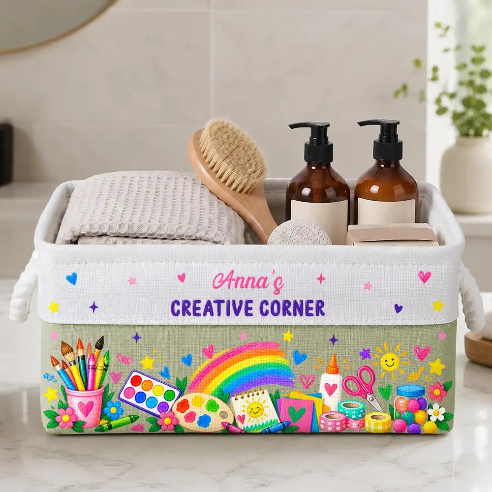 Gift For Kids Grandkids - Personalized Name Art & Scraft Supplies With Rainbow Storage Basket
