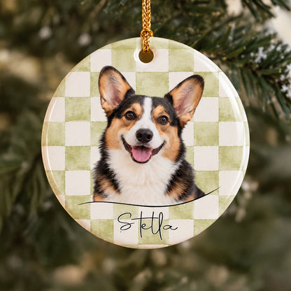 Custom Dog Cat Photo Gingham & Striped Pattern Ceramic Ornament LM32 670371