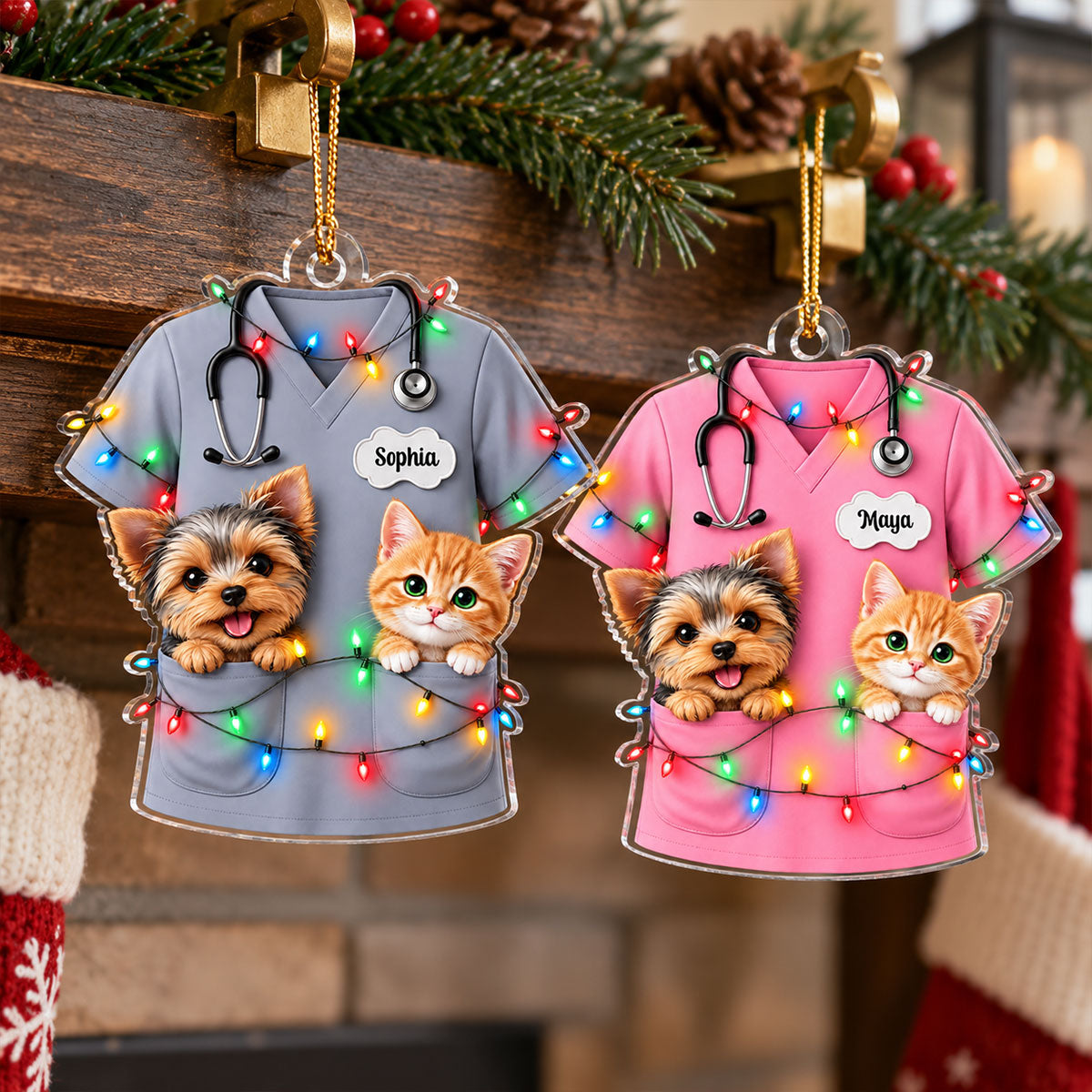 Christmas Vet Scrubs With Pets - Personalized Acrylic Ornament - Veterinarian Christmas Gift