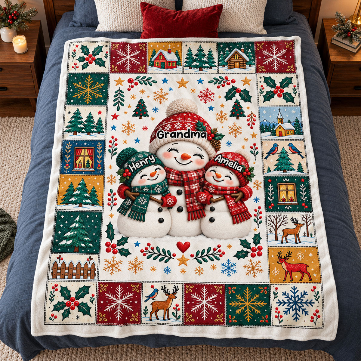 Snowman Grandma Grandkids Hugging - Personalized Fleece Blanket - Christmas Gift for Grandma, Grandkids