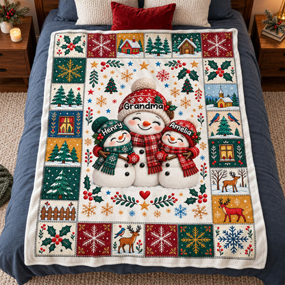 Snowman Grandma Grandkids Hugging - Personalized Fleece Blanket - Christmas Gift for Grandma, Grandkids