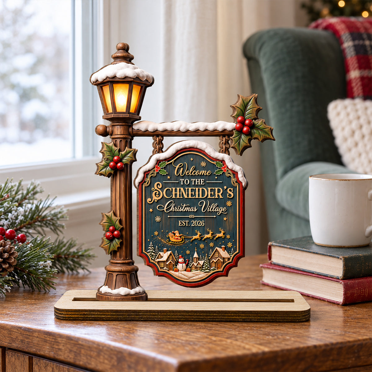Christmas Lives In Our Village - Personalized 2-Layer Wood Plaque With Flat Base
