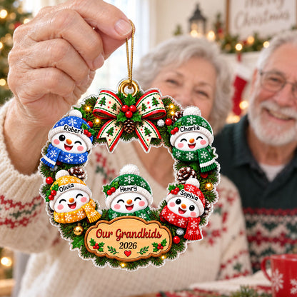 Our Grandkids Snowman Christmas Wreath 2026 - Personalized Acrylic Ornament - Christmas Gift For Kids, Grandkids