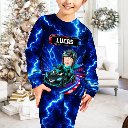 Gift For Kids Boys - Personalized Custom Photo Photo & Name Race Car Driver With Lightning Kid Pajamas Set