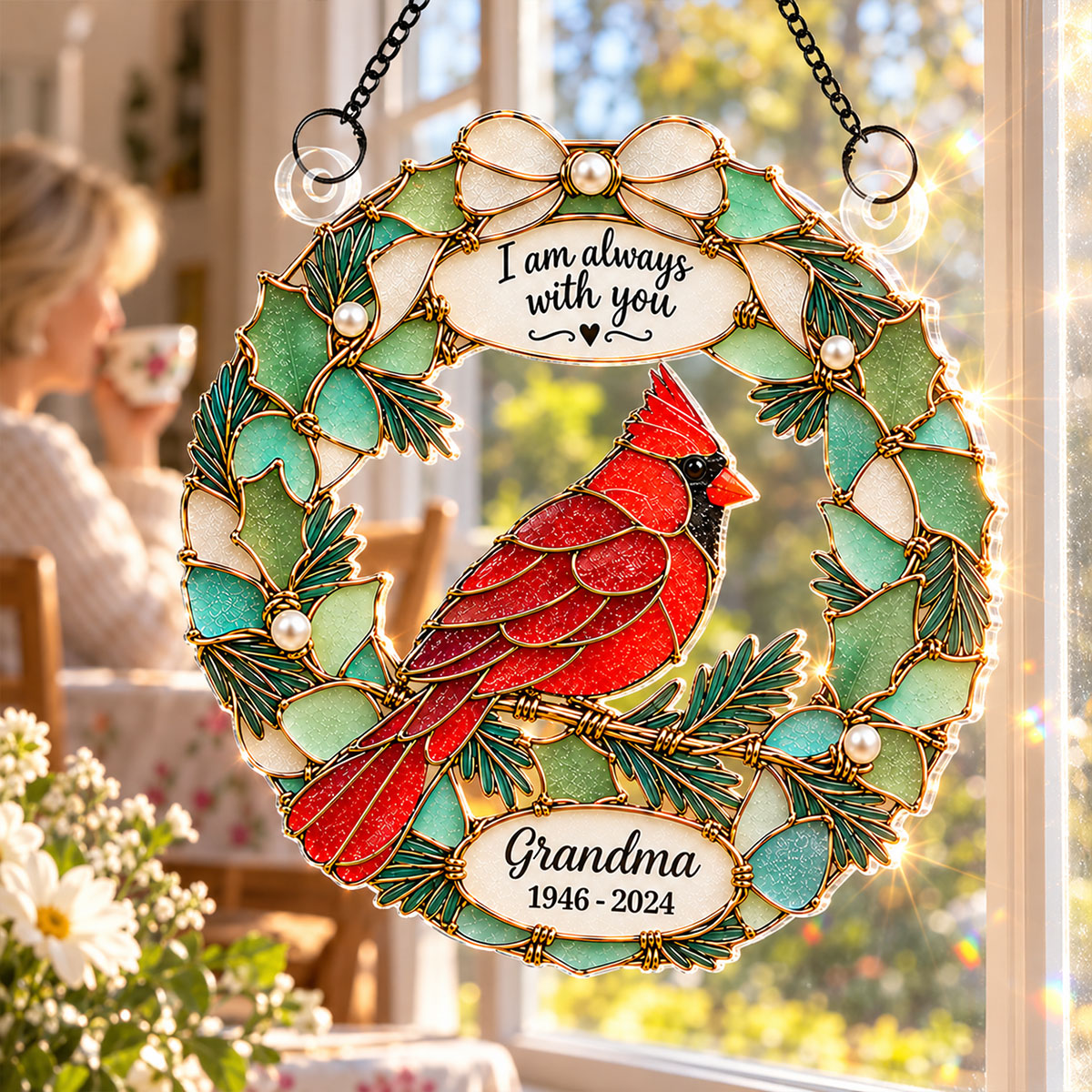 Always With You Cardinal Wreath 2D Flat Printed - Personalized Acrylic Window Hanger - Memorial Sympathy Gift, Christmas Remembrance Keepsake