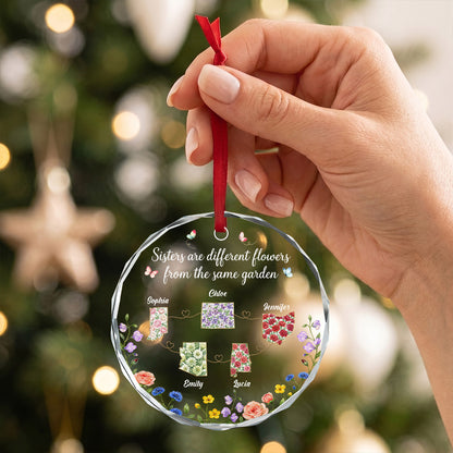 Sisters Are Different Flowers - Personalized Round Shaped Glass Ornament
