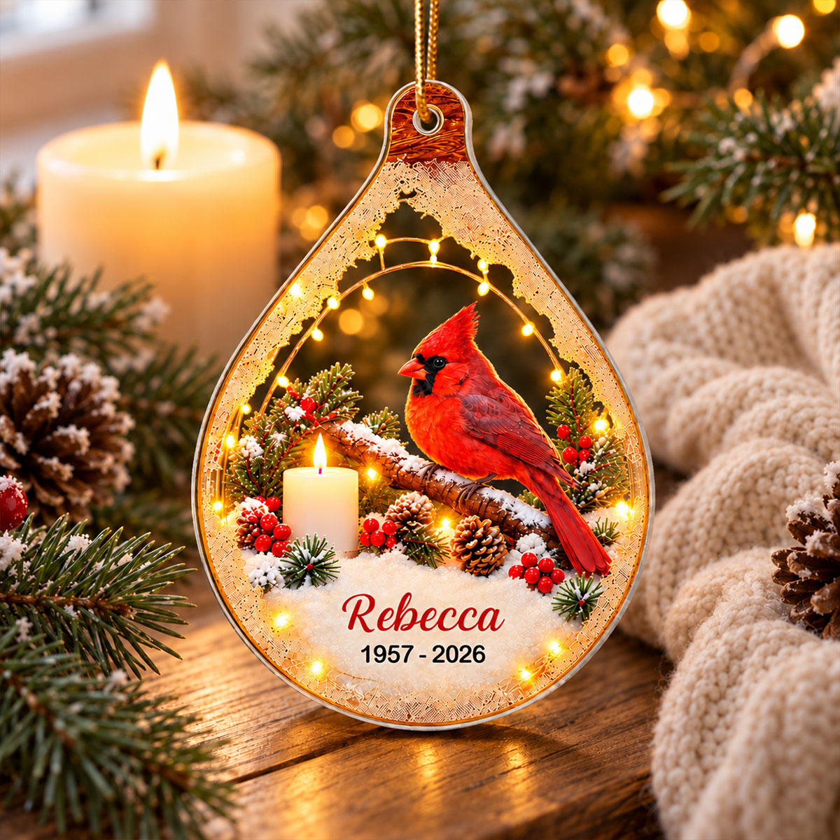 Cardinal Memorial Lighted - Personalized Acrylic Ornament - In Loving Memory Christmas Keepsake, Sympathy Gift for Loss of Loved One