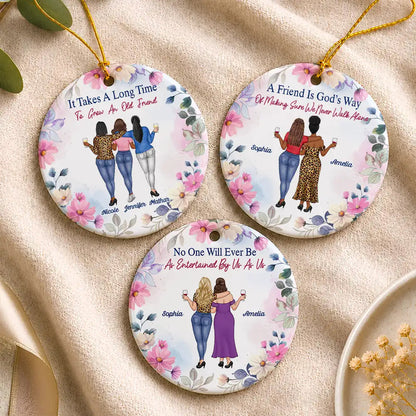 Christmas Besties Entertained By Us As Us - Personalized Floral Circle Ceramic Ornament