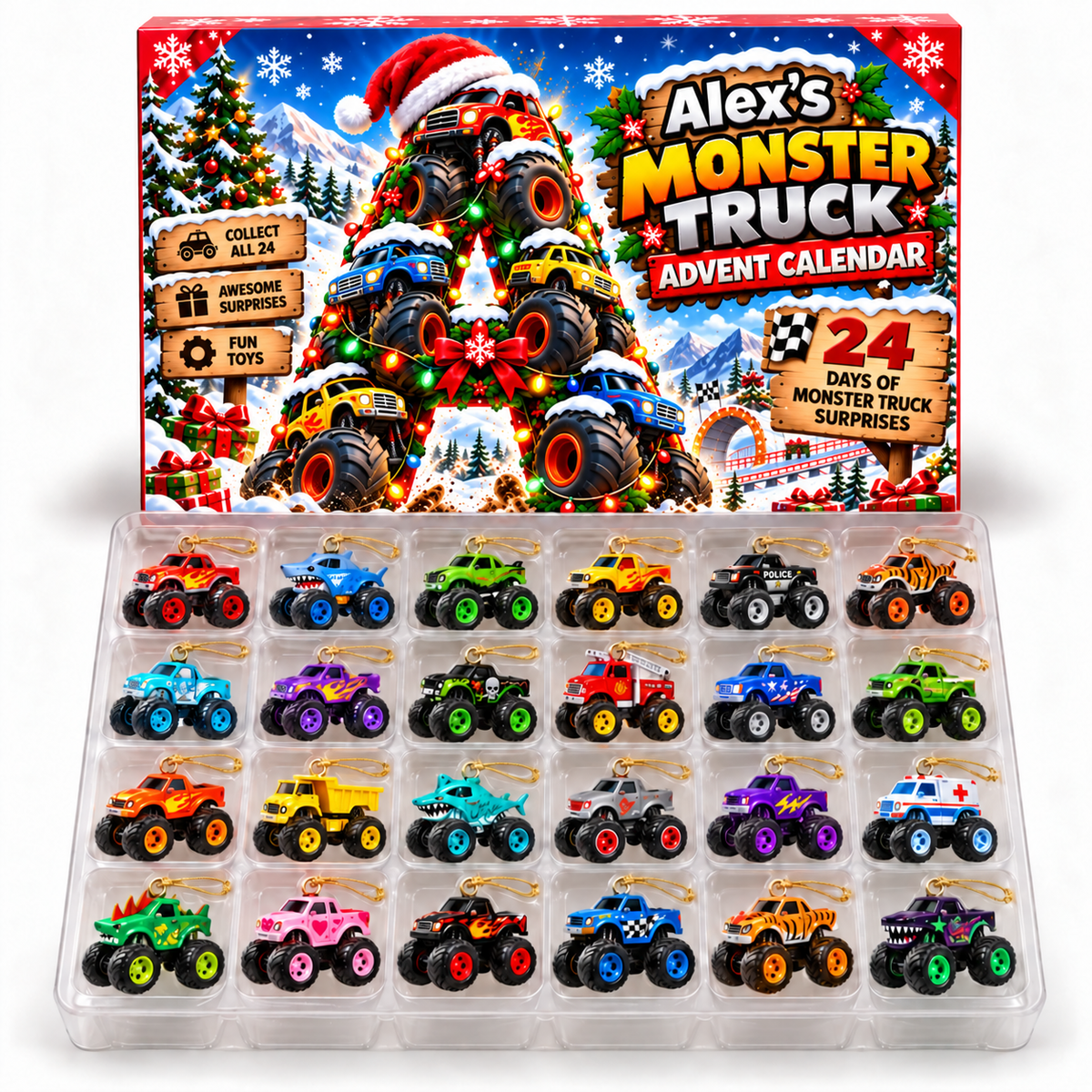 24 Days of Monster Trucks Custom Initial - Personalized Christmas Advent Calendar