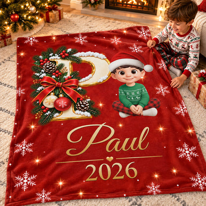 Custom Name Initial Letter - Personalized Fleece Blanket - Christmas Gift for Daughter, Son, Grandkids