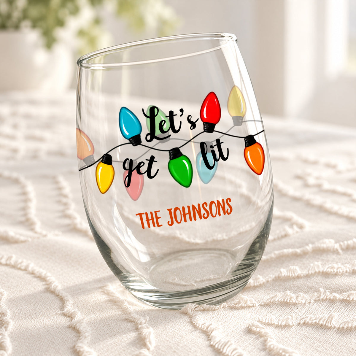Custom Name Let's Get Lit Christmas Lights Stemless Wine Glass Gift For Family TH10 171405