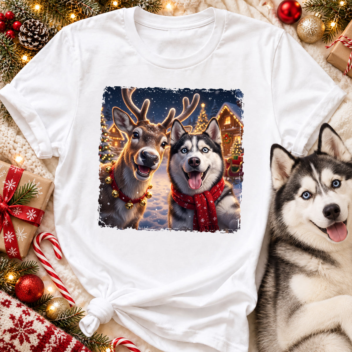 Dog Cat Selfie with Reindeer - Personalized Shirt - Funny Christmas Gift for Pet Lovers