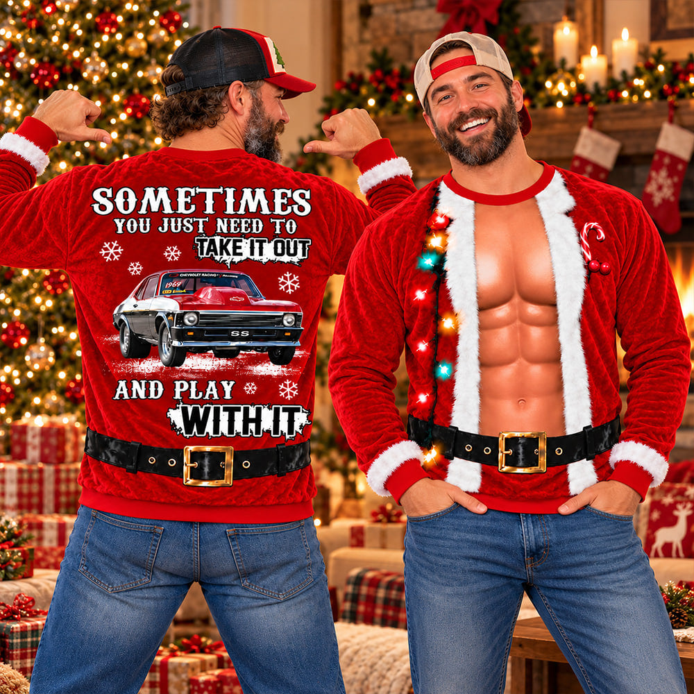 Take It Out & Play - Funny Muscle Santa - Custom Photo Car Christmas Sweatshirt - Gift For Car Lovers A2110