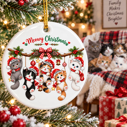 Meowy Christmas Cute Cats Hanging - Personalized Ceramic Ornament - Christmas Gift for Cat Lovers