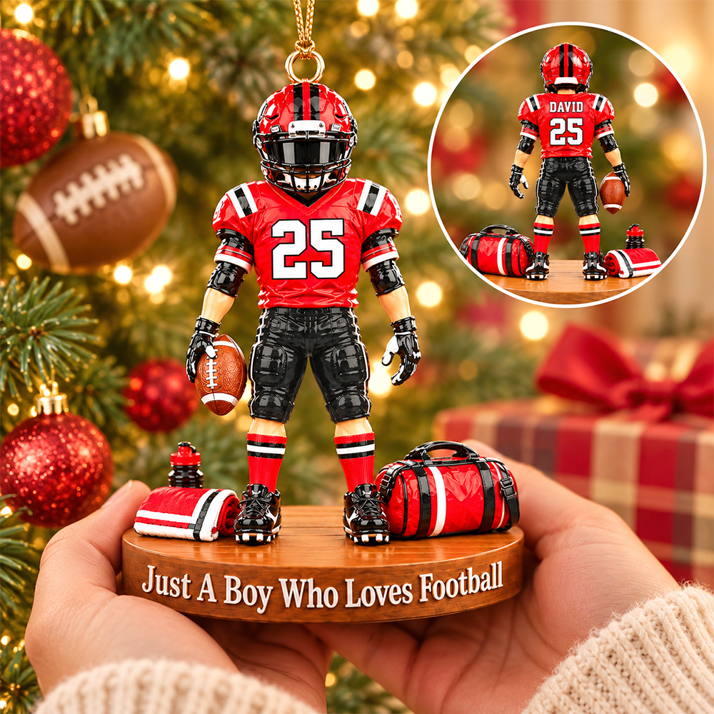 Luxury Personalized Football Player Christmas Ornament, Custom Name, Number & Uniform Colors, Just a Boy Who Loves Football Gift
