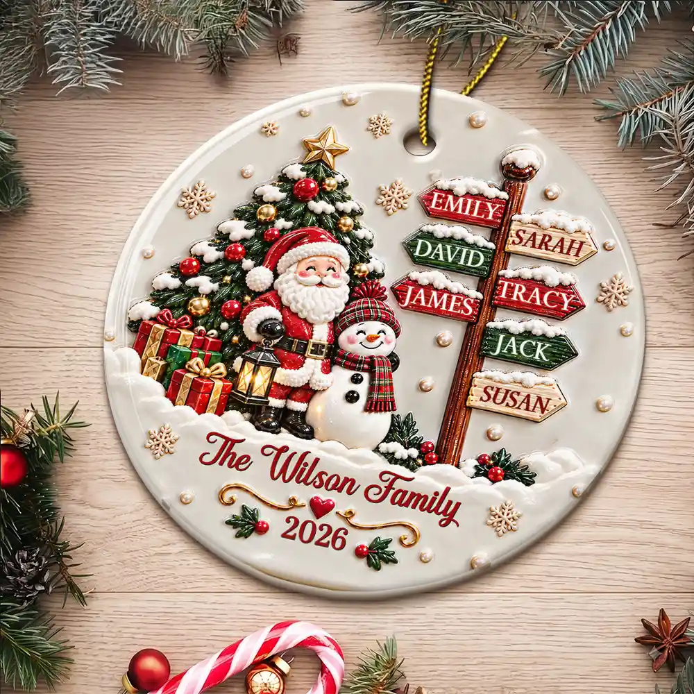 Christmas Gift For Family - Personalized Family Name Santa And Snowman 3D Embossed Circle Ceramic Ornament