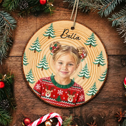 Christmas Gift For Kids Family - Personalized Custom Photo & Name Kid Portrait With Pine Tree Snowflake Wood Slice Ornament
