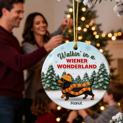 Christmas Dachshunds Walking In A Wiener Wonderland - Personalized Ceramic Ornament - Gift For Dachshund Lovers