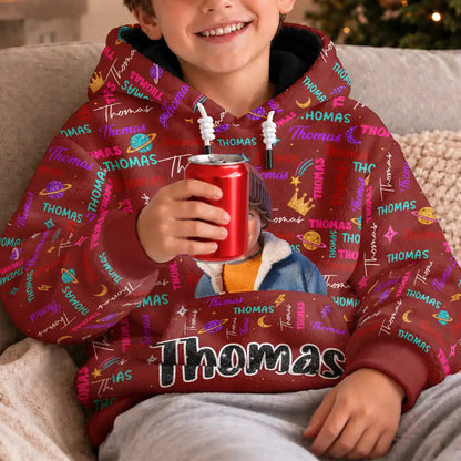 Christmas Gift For Kids - Personalized Custom Photo Name Cute Pattern Fleece Hoodie
