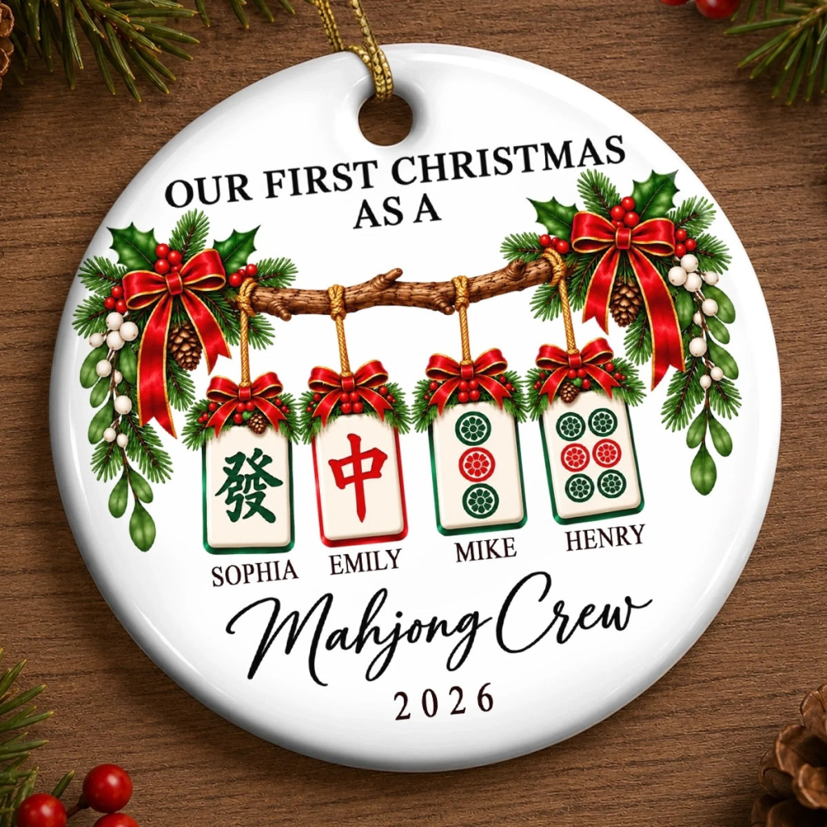 Custom Name First Christmas Mahjong Gifts For Game Night Groups - Personalized Ceramic Ornament