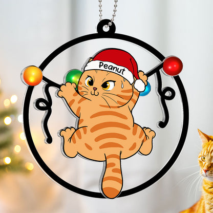 Cat Swinging Christmas Lights Personalized 2-Layer Acrylic Ornament, Christmas Decoration