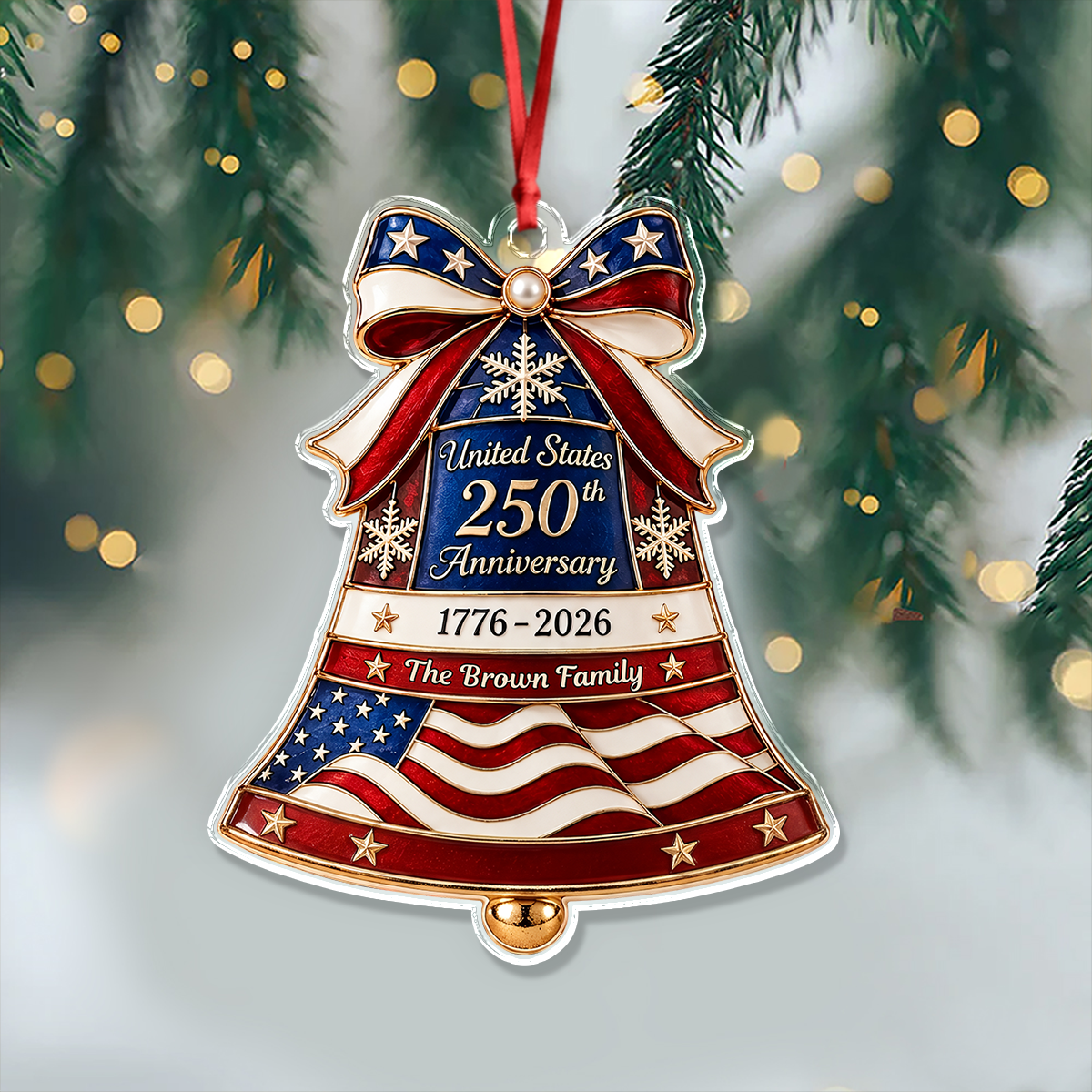 Custom Family Name USA 250th Anniversary Liberty Bell Acrylic Ornament Christmas Tree Decor, Patriotic Keepsake Gift HA75 919354