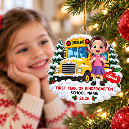 First Year Of Kindergarten School Bus - Personalized Acrylic Ornament - Christmas Gift For Kindergarten Boy Girl, Grandkids