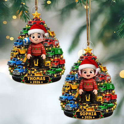 Little Kid With Trucks Christmas Tree - Personalized Acrylic Ornament - Christmas Gift For Kids, Grandkids, Grandson, Granddaughter, Son, Daughter