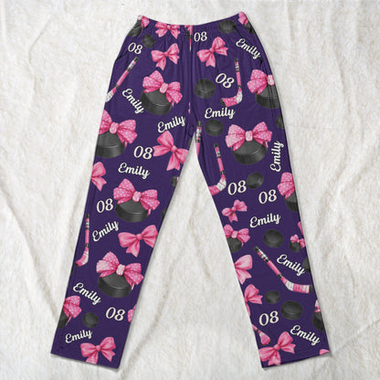 Coquette Bow Hockey Custom Name, Number Gift For Hockey Player, Hockey Team - Personalized Lounge Pants