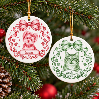 Custom Photo Dog Cat Watercolor Coquette Ceramic Ornament, Personalized Pet Holiday Keepsake HA75 919508