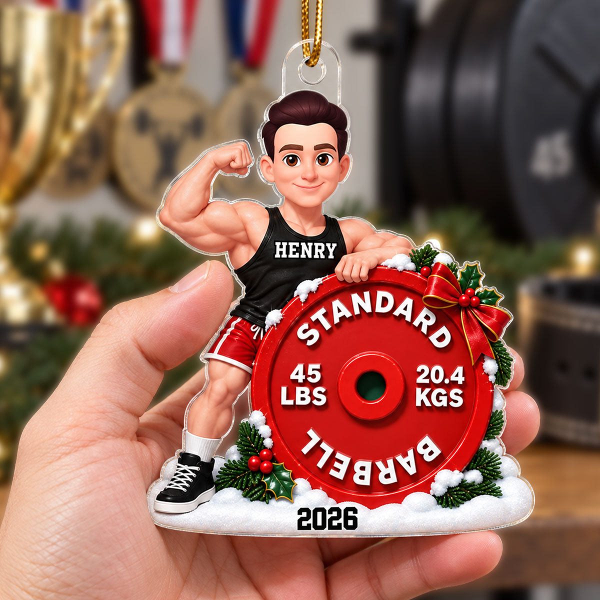 Gym Fitness Workout Weightlifting Body Building Man Woman Barbell - Personalized Acrylic Ornament - Christmas Gift For Him, For Her, For Gymers