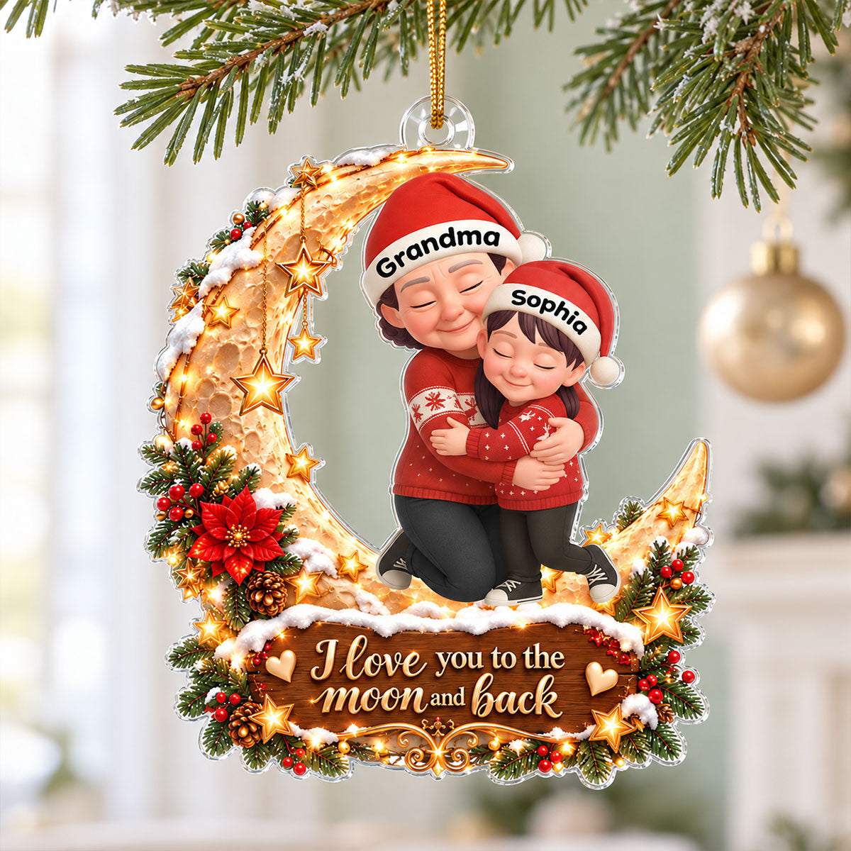 Grandma Grandkid Hugging on Moon - Personalized Acrylic Ornament - Christmas Gift for Grandma, Grandkids