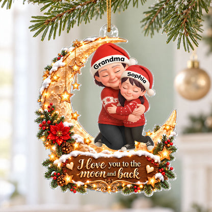 Grandma Grandkid Hugging on Moon - Personalized Acrylic Ornament - Christmas Gift for Grandma, Grandkids