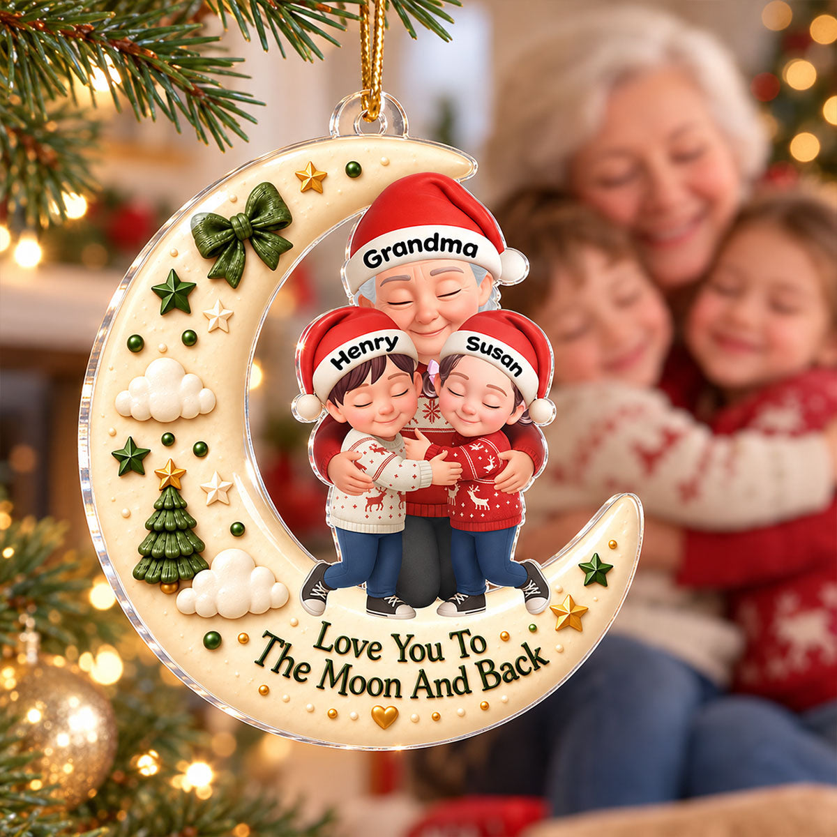 Grandma Hugging Grandkid Love to the Moon and Back - Personalized Acrylic Ornament - Christmas Gift for Grandma, Grandkids
