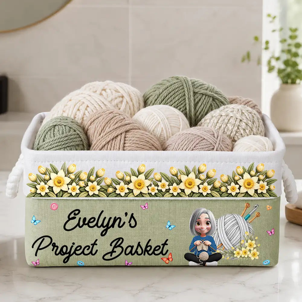 Gift For Knitter Crocheter Mom Grandma - Personalized Character & Name Yarn Ball With Birth Flower Storage Basket