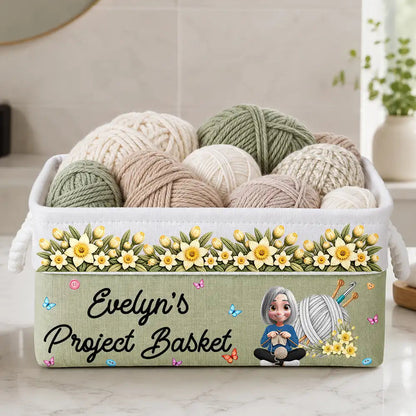 Gift For Knitter Crocheter Mom Grandma - Personalized Character & Name Yarn Ball With Birth Flower Storage Basket