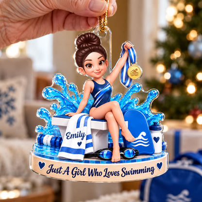 Just a Girl Who Loves Swimming - Personalized Acrylic Ornament - Custom Name Gift for Swimmer, Christmas Swim Team Gift, Female Athlete Keepsake