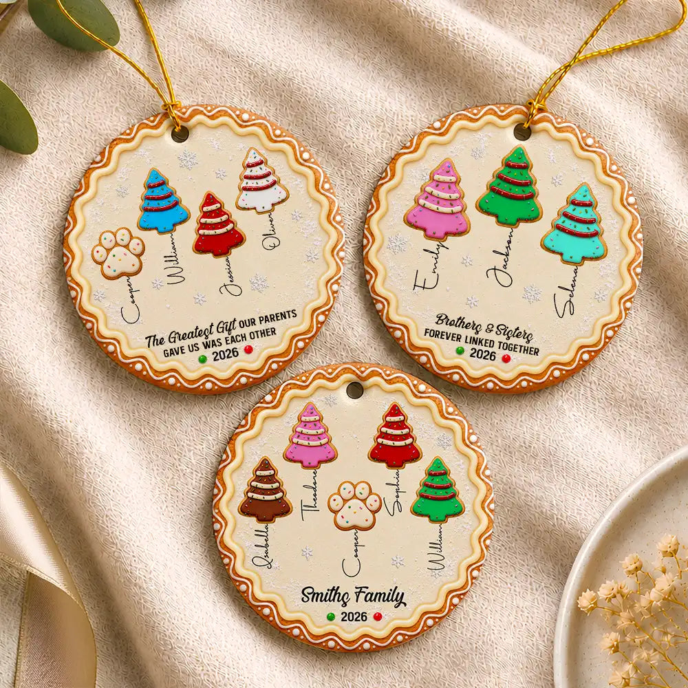Christmas Gifts For Family - Personalized Family Forever Linked Together Gingerbread Style Circle Ceramic Ornament