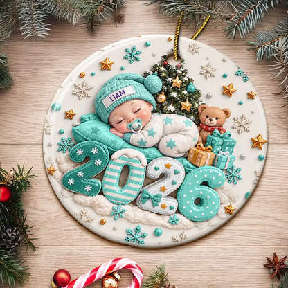 Baby's First Christmas Gift For New Mom - Personalized Sleeping Baby 3D Embossed Circle Ceramic Ornament